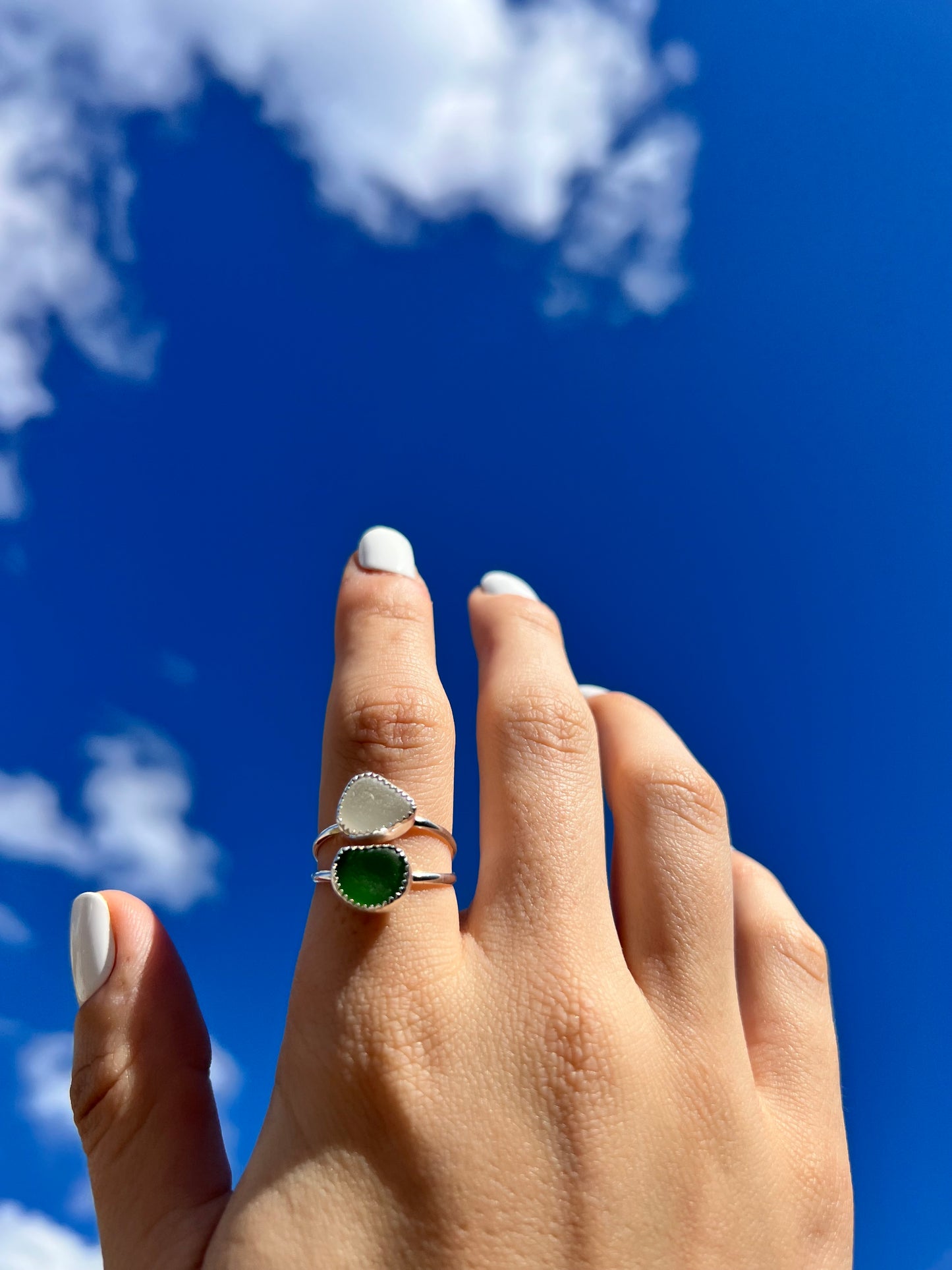 green & clear sea glass double ring