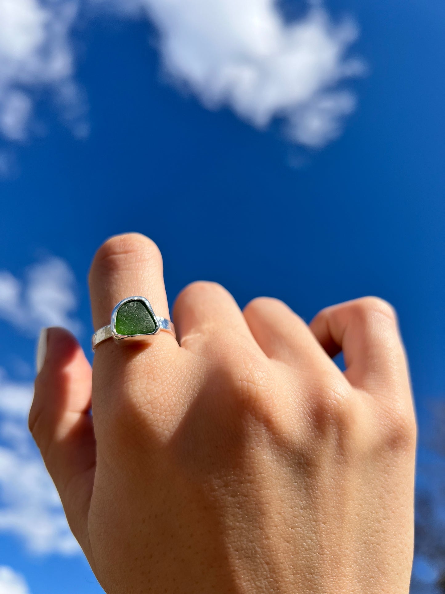 dark green sea glass hammered ring