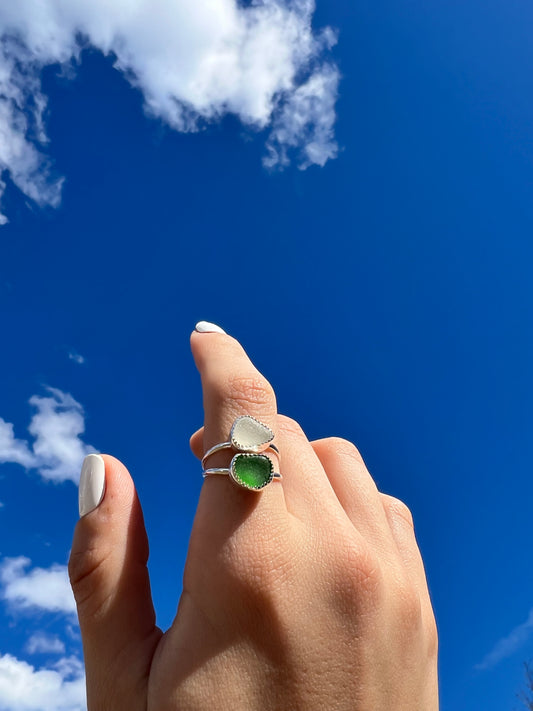 green & clear sea glass double ring